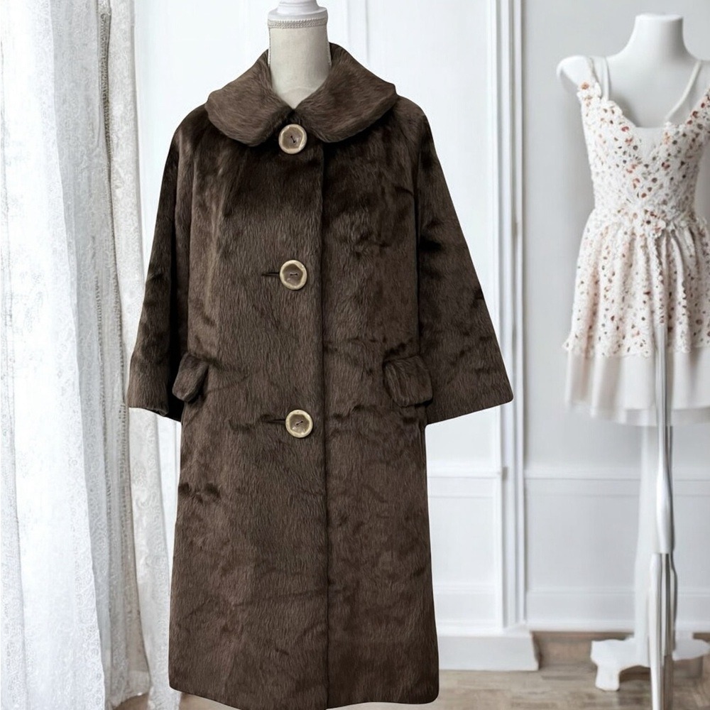 60s Vintage Sportowne‎ Faux Fur Brown Long A Line Coat Size Medium